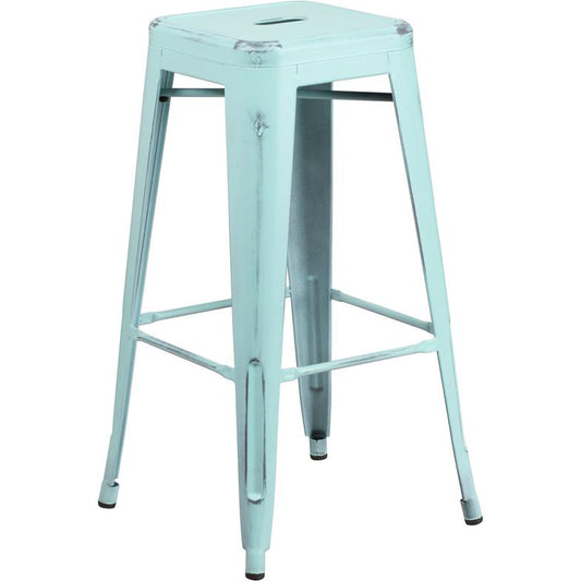 Commercial Grade 30" High Backless Distressed Green-Blue Metal Indoor-Outdoor Barstool By Flash Furniture | Bar Stools | Modishstore - 2
