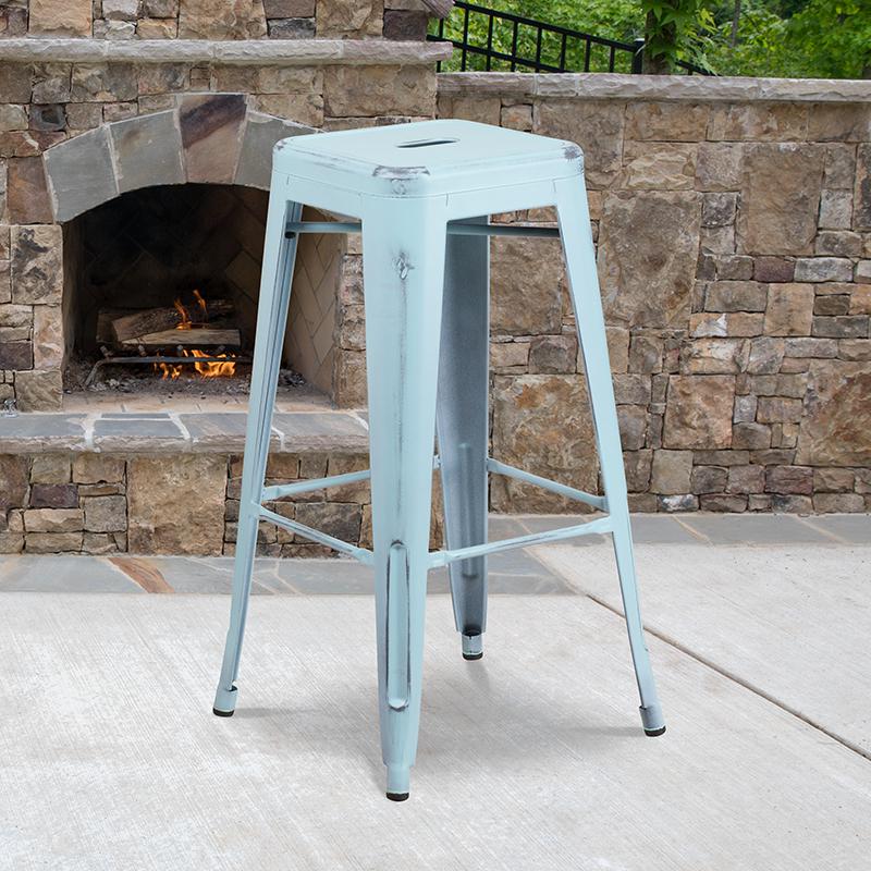 Commercial Grade 30" High Backless Distressed Green-Blue Metal Indoor-Outdoor Barstool By Flash Furniture | Bar Stools | Modishstore