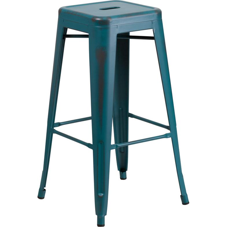Commercial Grade 30" High Backless Distressed Kelly Blue-Teal Metal Indoor-Outdoor Barstool By Flash Furniture | Bar Stools | Modishstore - 2