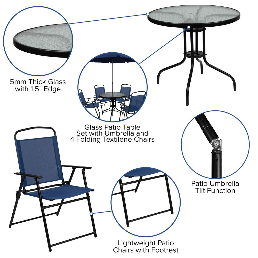 Nantucket 6 Piece Navy Patio Garden Set With Umbrella Table And Set Of 4 Folding Chairs By Flash Furniture | Outdoor Dining Sets | Modishstore - 4