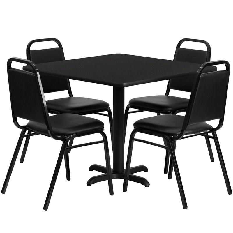 36'' Square Black Laminate Table Set With X-Base And 4 Black Trapezoidal Back Banquet Chairs By Flash Furniture | Dining Sets | Modishstore - 2