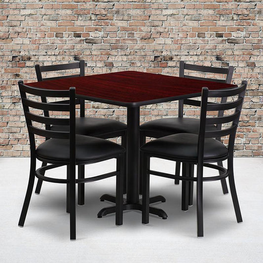 36'' Square Mahogany Laminate Table Set With X-Base And 4 Ladder Back Metal Chairs - Black Vinyl Seat By Flash Furniture | Dining Sets | Modishstore