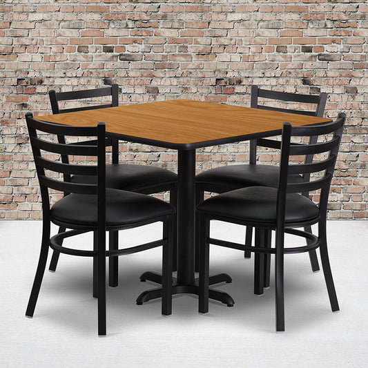 36'' Square Natural Laminate Table Set With X-Base And 4 Ladder Back Metal Chairs - Black Vinyl Seat By Flash Furniture | Dining Sets | Modishstore