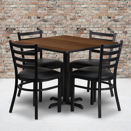 36'' Square Walnut Laminate Table Set With X-Base And 4 Ladder Back Metal Chairs - Black Vinyl Seat By Flash Furniture | Dining Sets | Modishstore