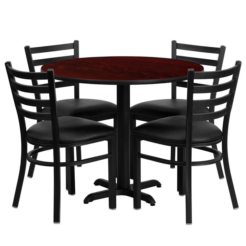 36'' Round Mahogany Laminate Table Set With X-Base And 4 Ladder Back Metal Chairs - Black Vinyl Seat By Flash Furniture | Dining Sets | Modishstore - 2
