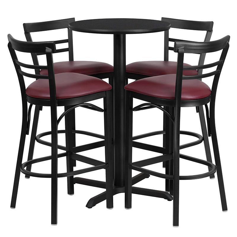 24'' Round Black Laminate Table Set With X-Base And 4 Two-Slat Ladder Back Metal Barstools - Burgundy Vinyl Seat By Flash Furniture | Bar Stools & Table | Modishstore - 2