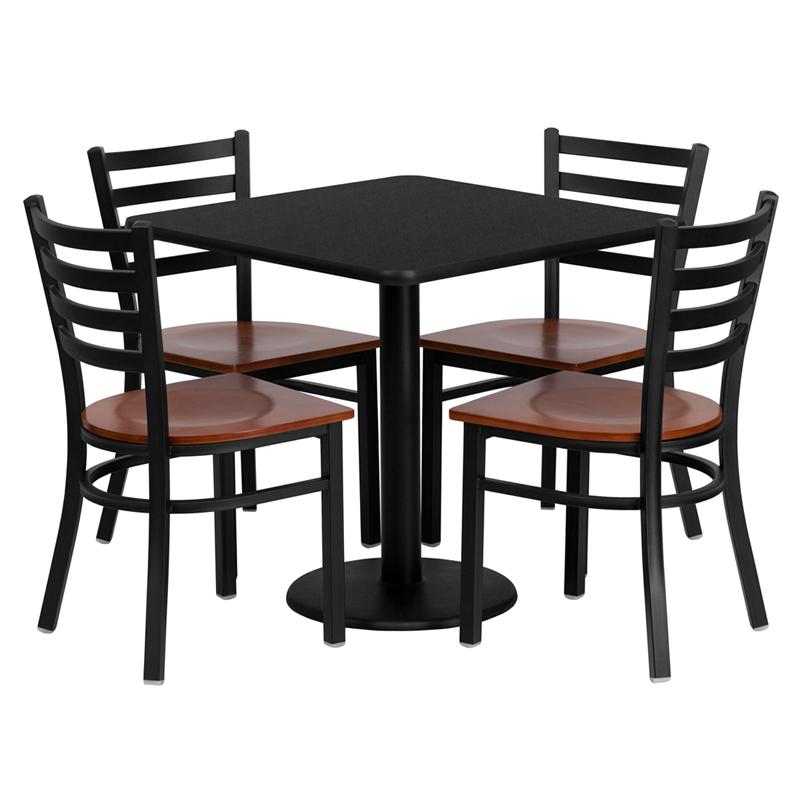 30'' Square Black Laminate Table Set With 4 Ladder Back Metal Chairs - Cherry Wood Seat By Flash Furniture | Dining Sets | Modishstore - 2