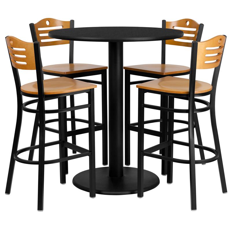 36'' Round Black Laminate Table Set With 4 Wood Slat Back Metal Barstools - Natural Wood Seat By Flash Furniture | Bar Stools & Table | Modishstore - 2