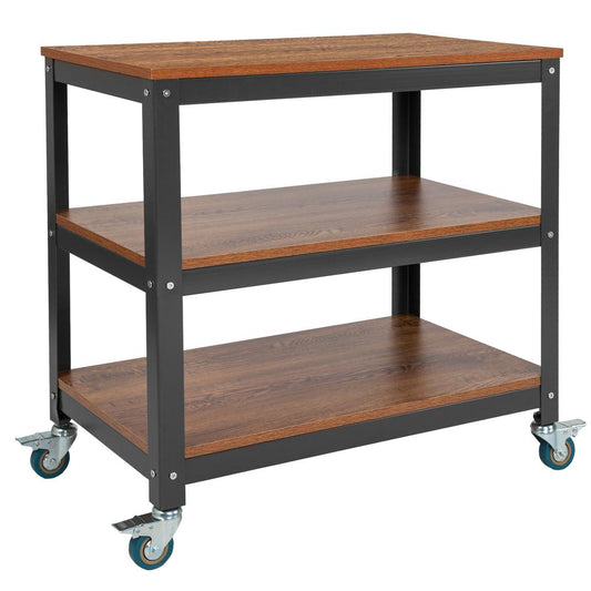 Livingston Collection 30"W Rolling Storage Cart With Metal Wheels In Brown Oak Wood Grain Finish By Flash Furniture | Shelves & Shelving Units | Modishstore
