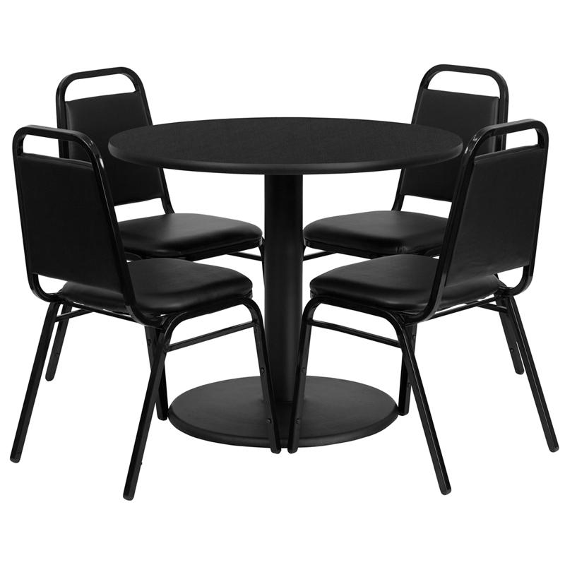 36'' Round Black Laminate Table Set With Round Base And 4 Black Trapezoidal Back Banquet Chairs By Flash Furniture | Dining Sets | Modishstore - 2