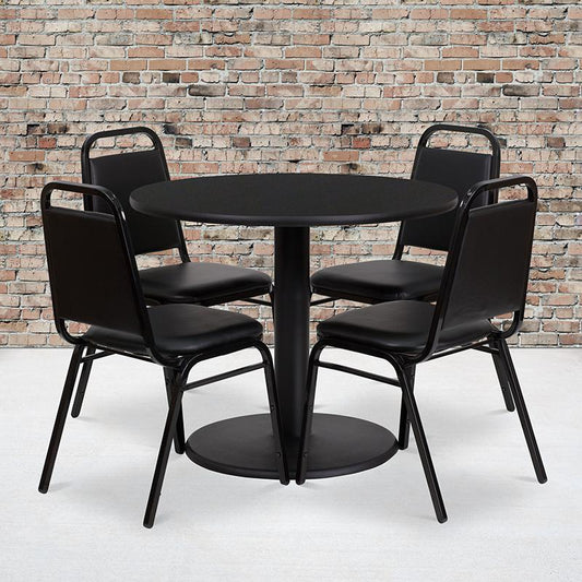 36'' Round Black Laminate Table Set With Round Base And 4 Black Trapezoidal Back Banquet Chairs By Flash Furniture | Dining Sets | Modishstore