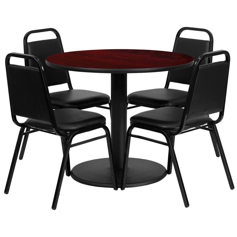36'' Round Mahogany Laminate Table Set With Round Base And 4 Black Trapezoidal Back Banquet Chairs By Flash Furniture | Dining Sets | Modishstore - 2