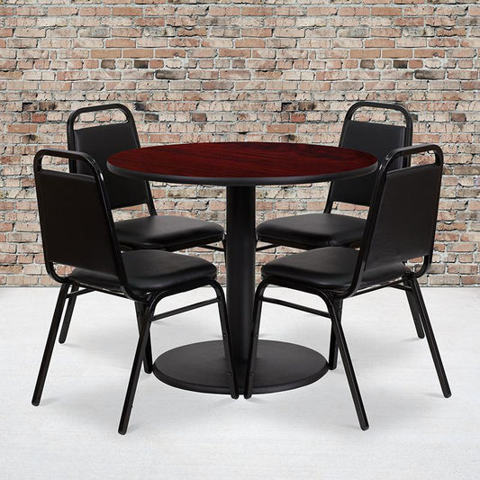 36'' Round Mahogany Laminate Table Set With Round Base And 4 Black Trapezoidal Back Banquet Chairs By Flash Furniture | Dining Sets | Modishstore