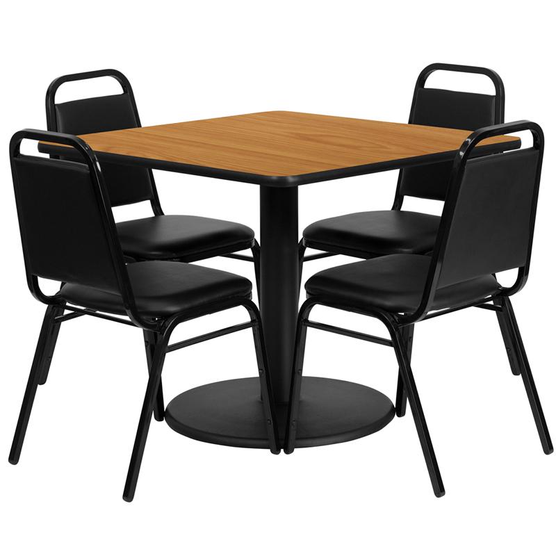 36'' Square Natural Laminate Table Set With Round Base And 4 Black Trapezoidal Back Banquet Chairs By Flash Furniture | Dining Sets | Modishstore - 2