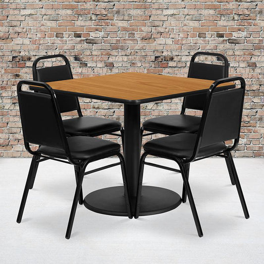 36'' Square Natural Laminate Table Set With Round Base And 4 Black Trapezoidal Back Banquet Chairs By Flash Furniture | Dining Sets | Modishstore