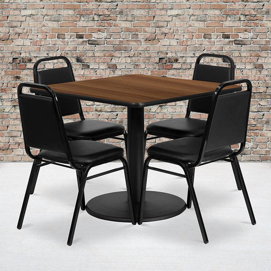 36'' Square Walnut Laminate Table Set With Round Base And 4 Black Trapezoidal Back Banquet Chairs By Flash Furniture | Dining Sets | Modishstore