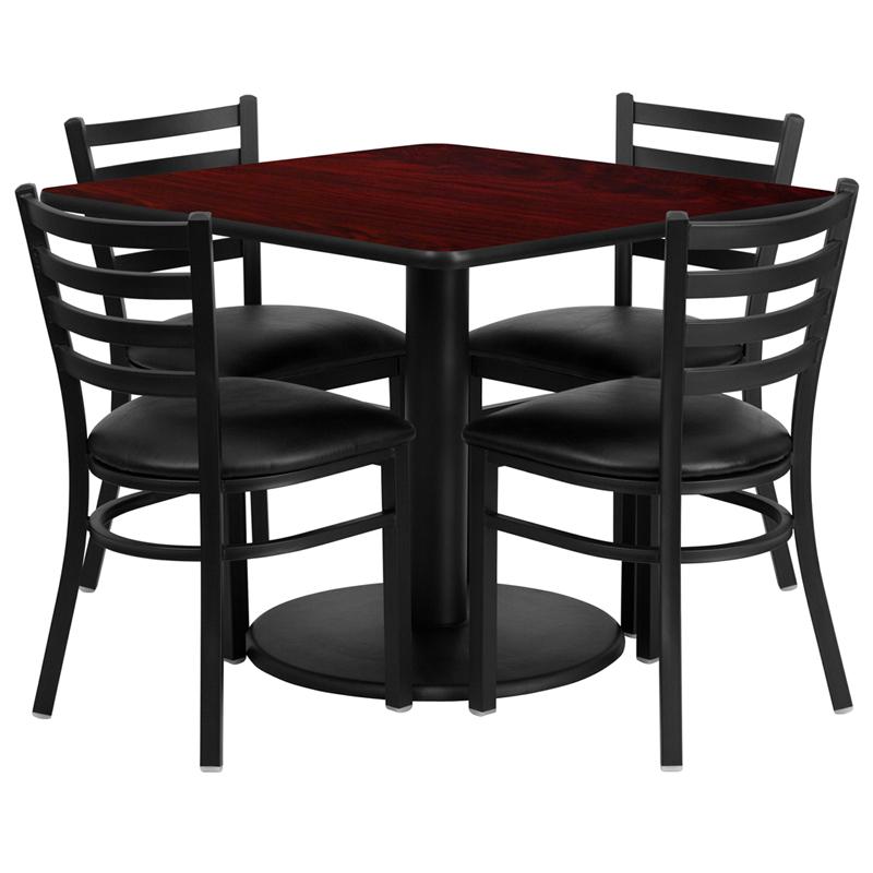36'' Square Mahogany Laminate Table Set With Round Base And 4 Ladder Back Metal Chairs - Black Vinyl Seat By Flash Furniture | Dining Sets | Modishstore - 2