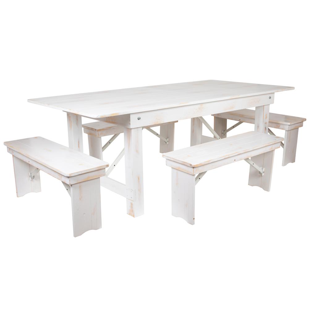 Hercules Series 7' X 40" Antique Rustic White Folding Farm Table And Four Bench Set By Flash Furniture | Dining Sets | Modishstore - 2
