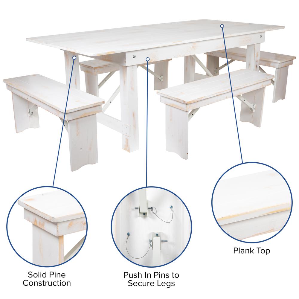 Hercules Series 7' X 40" Antique Rustic White Folding Farm Table And Four Bench Set By Flash Furniture | Dining Sets | Modishstore - 3