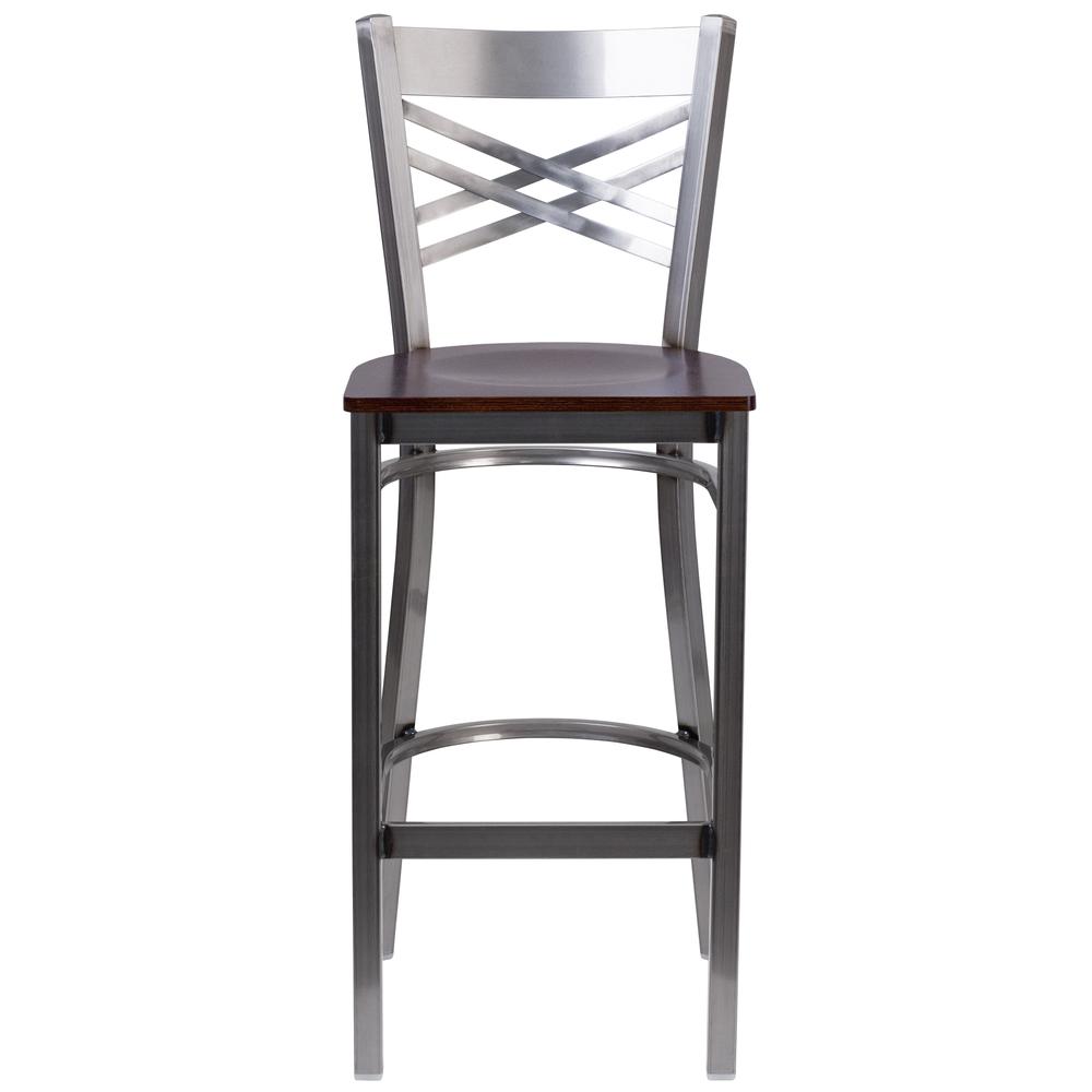 Hercules Series Clear Coated ''X'' Back Metal Restaurant Barstool - Walnut Wood Seat By Flash Furniture | Bar Stools | Modishstore - 4