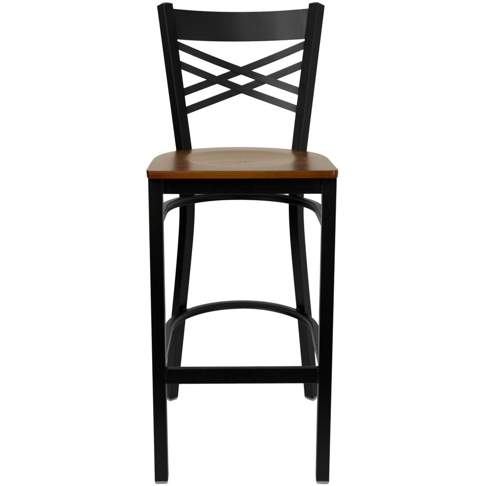 Hercules Series Black ''X'' Back Metal Restaurant Barstool - Cherry Wood Seat By Flash Furniture | Bar Stools | Modishstore - 4