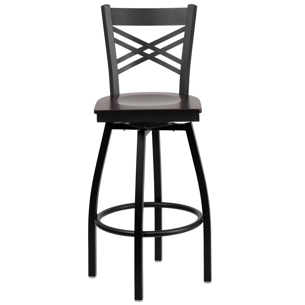 Hercules Series Black ''X'' Back Swivel Metal Barstool - Walnut Wood Seat By Flash Furniture | Bar Stools | Modishstore - 4