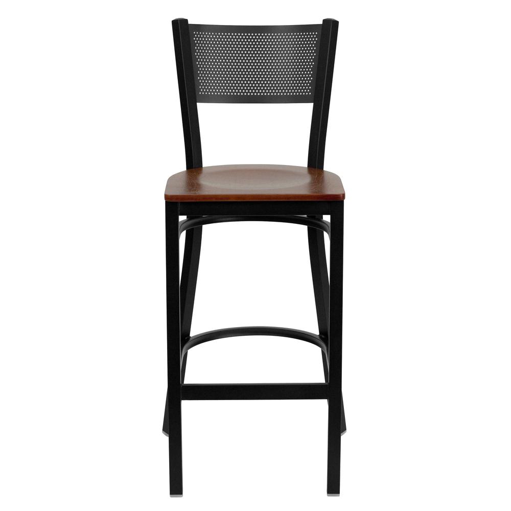 Hercules Series Black Grid Back Metal Restaurant Barstool - Cherry Wood Seat By Flash Furniture | Bar Stools | Modishstore - 4