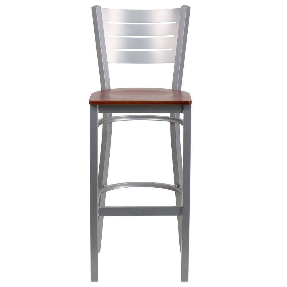 Hercules Series Silver Slat Back Metal Restaurant Barstool - Cherry Wood Seat By Flash Furniture | Bar Stools | Modishstore - 4