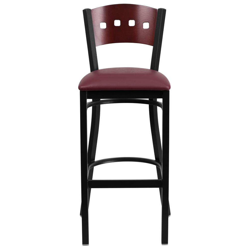 Hercules Series Black 4 Square Back Metal Restaurant Barstool - Mahogany Wood Back, Burgundy Vinyl Seat By Flash Furniture | Bar Stools | Modishstore - 4