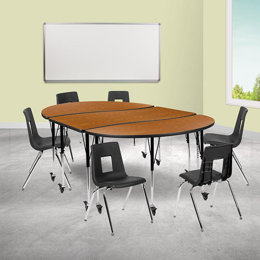 Mobile 86" Oval Wave Collaborative Laminate Activity Table Set With 18" Student Stack Chairs, Oak/Black By Flash Furniture | Dining Sets | Modishstore