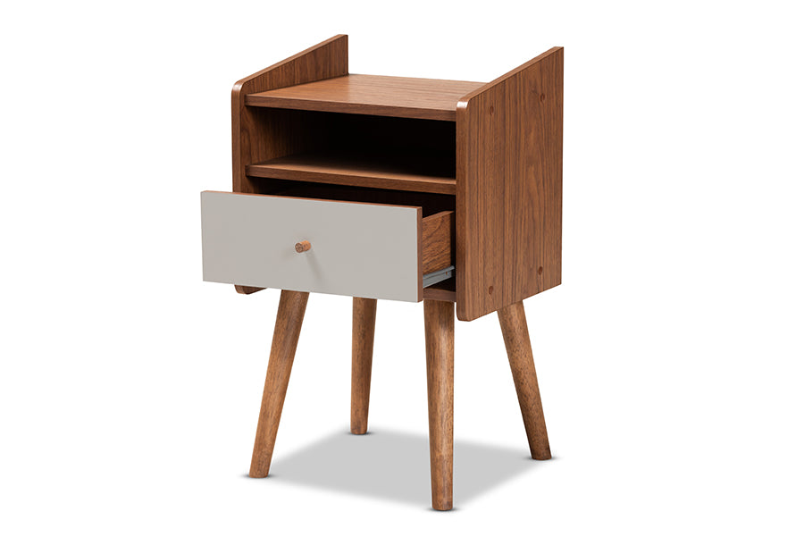 Baxton Studio Elario Mid-Century Modern Two-Tone Grey and Walnut Brown Finished Wood 1-Drawer Nightstand | Nightstands | Modishstore - 8