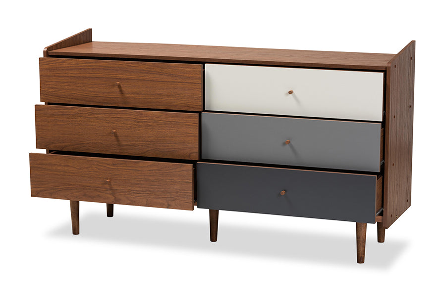baxton studio halden mid century modern multicolor walnut brown and grey gradient finished wood 6 drawer dresser | Modish Furniture Store-3