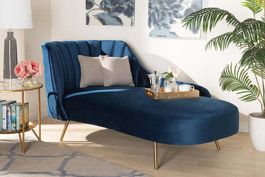 Baxton Studio Kailyn Glam and Luxe Navy Blue Velvet Fabric Upholstered and Gold Finished Chaise | Modishstore | Lounge Chairs