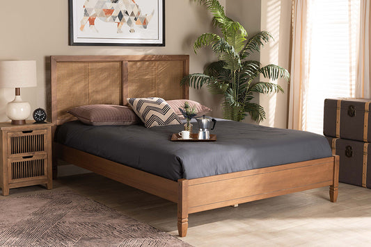 Baxton Studio Redmond Mid-Century Modern Walnut Brown Finished Wood and Synthetic Rattan Full Size Platform Bed | Beds | Modishstore