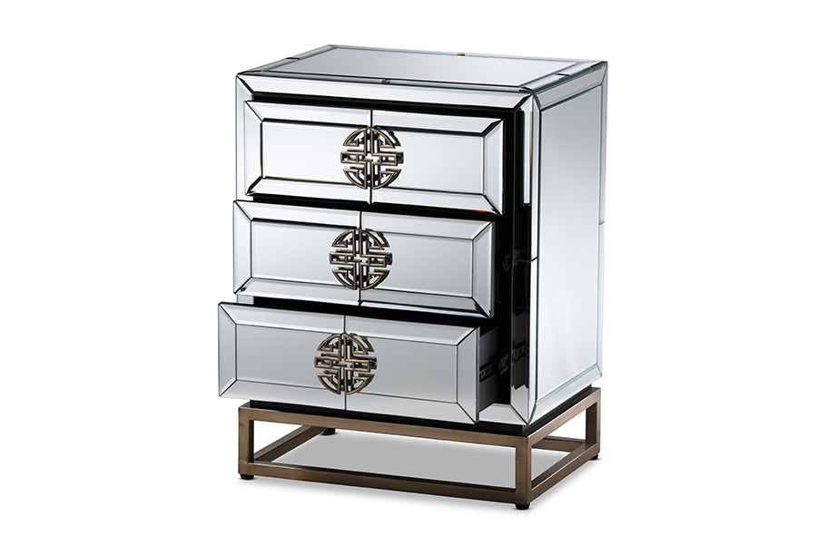 baxton studio laken contemporary glam and luxe mirrored and antique bronze finished 3 drawer nightstand | Modish Furniture Store-3