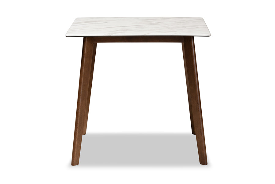 baxton studio kaylee mid century modern transitional walnut brown finished wood dining table with faux marble tabletop | Modish Furniture Store-3