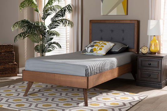 Baxton Studio Alida Mid-Century Modern Dark Grey Fabric Upholstered and Walnut Brown Finished Wood Twin Size Platform Bed | Beds | Modishstore