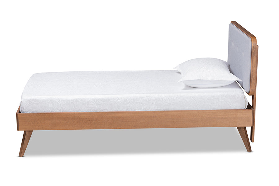 baxton studio dilara mid century modern light grey fabric upholstered and walnut brown finished wood twin size platform bed | Modish Furniture Store-3