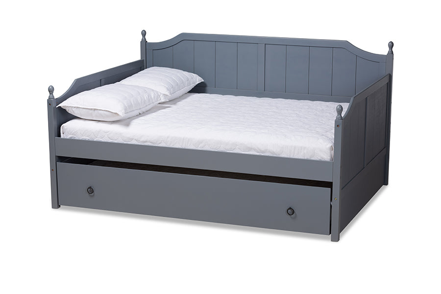 baxton studio millie cottage farmhouse grey finished wood full size daybed with trundle | Modish Furniture Store-2