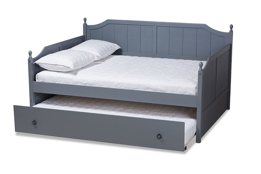 baxton studio millie cottage farmhouse grey finished wood full size daybed with trundle | Modish Furniture Store-3
