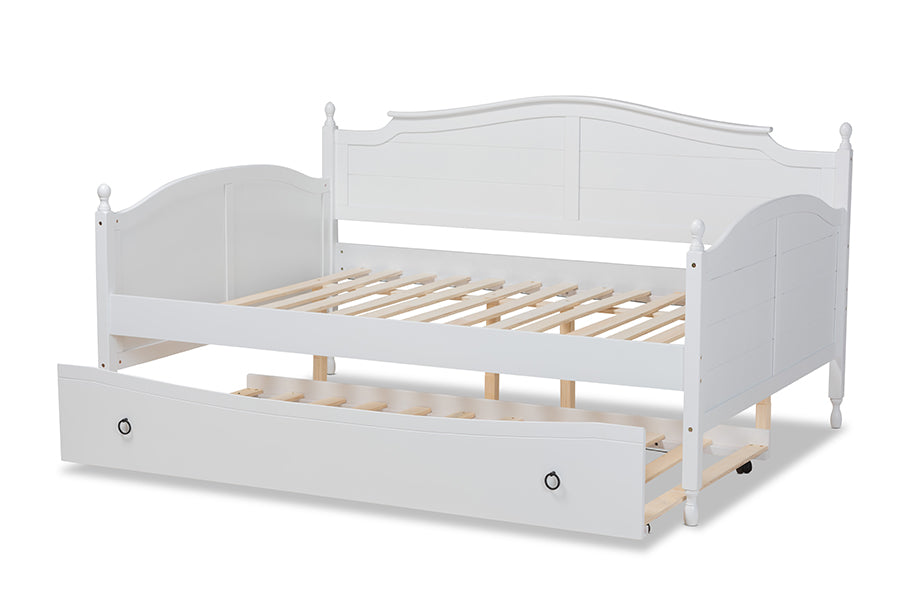 Baxton Studio Mara Cottage Farmhouse White Finished Wood Full Size Daybed with Roll-out Trundle Bed | Daybeds | Modishstore - 8