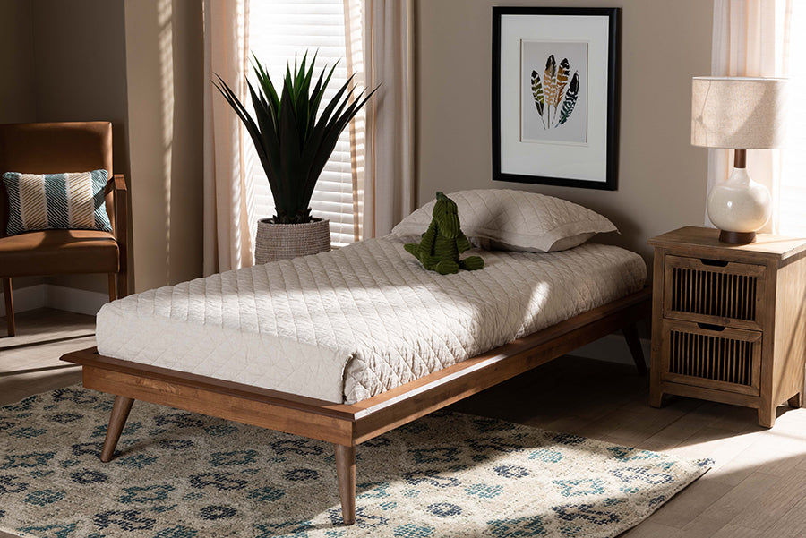 baxton studio karine mid century modern walnut brown finished wood twin size platform bed frame | Modish Furniture Store-3