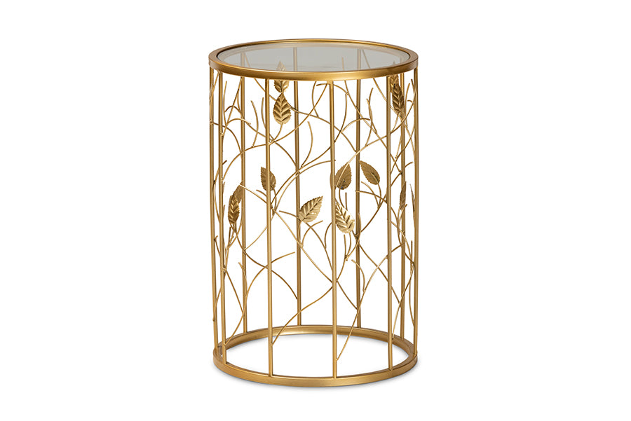 baxton studio anaya modern and contemporary glam brushed gold finished metal and glass leaf accent end table | Modish Furniture Store-3