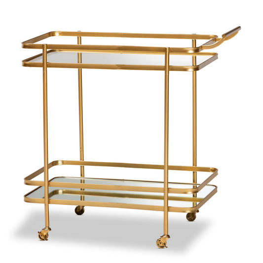 Baxton Studio Destin Modern and Contemporary Glam Brushed Gold Finished Metal and Mirrored Glass 2-Tier Mobile Wine Bar Cart | Bar Carts | Modishstore