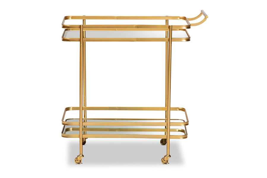Baxton Studio Destin Modern and Contemporary Glam Brushed Gold Finished Metal and Mirrored Glass 2-Tier Mobile Wine Bar Cart | Bar Carts | Modishstore - 6