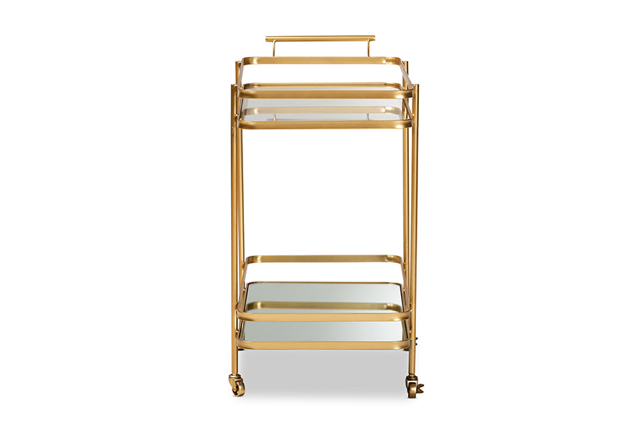Baxton Studio Destin Modern and Contemporary Glam Brushed Gold Finished Metal and Mirrored Glass 2-Tier Mobile Wine Bar Cart | Bar Carts | Modishstore - 5