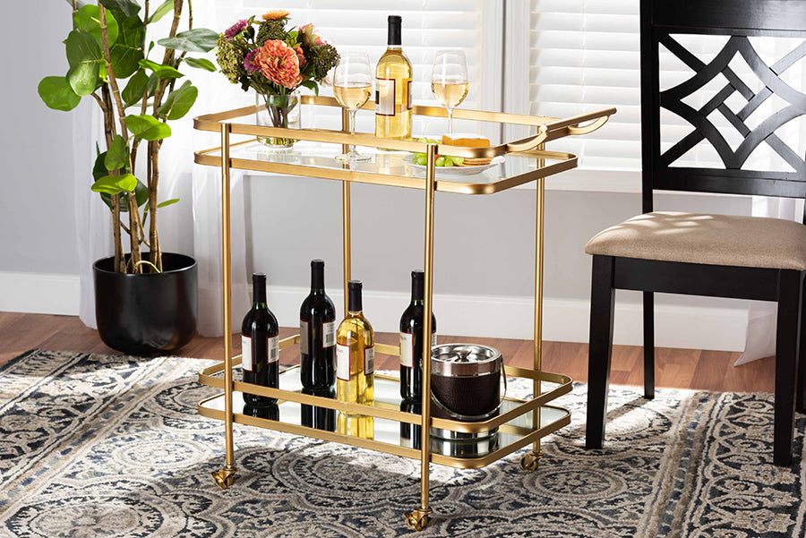 Baxton Studio Destin Modern and Contemporary Glam Brushed Gold Finished Metal and Mirrored Glass 2-Tier Mobile Wine Bar Cart | Bar Carts | Modishstore - 2