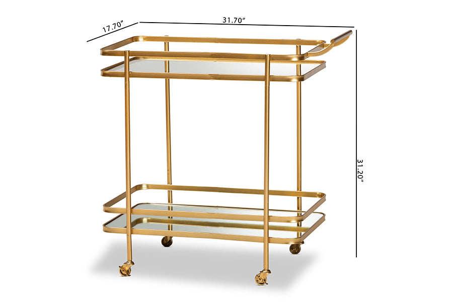 Baxton Studio Destin Modern and Contemporary Glam Brushed Gold Finished Metal and Mirrored Glass 2-Tier Mobile Wine Bar Cart | Bar Carts | Modishstore - 7