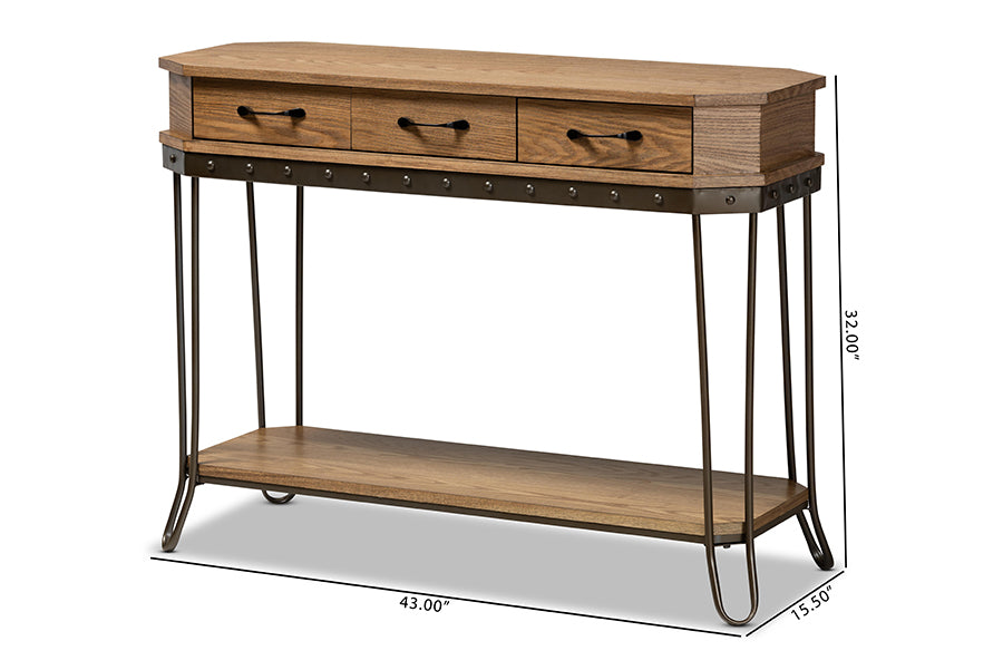 Baxton Studio Kellyn Vintage Rustic Industrial Oak Brown Finished Wood and Black Finished Metal 3-Drawer Console Table | Console Tables | Modishstore - 8