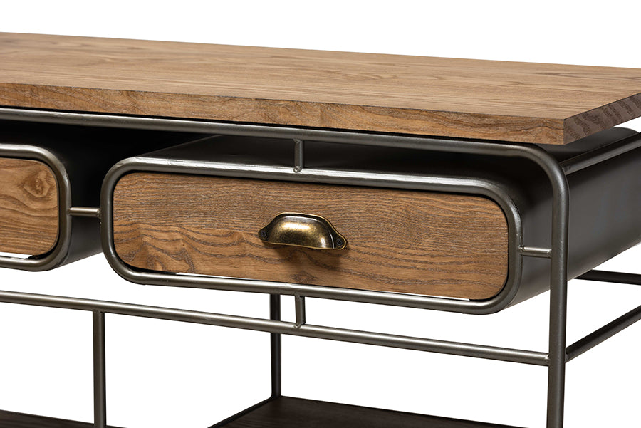 Baxton Studio Grant Vintage Rustic Industrial Oak Brown Finished Wood and Black Finished Metal 2-Drawer Kitchen Cart | Bar Carts | Modishstore - 3